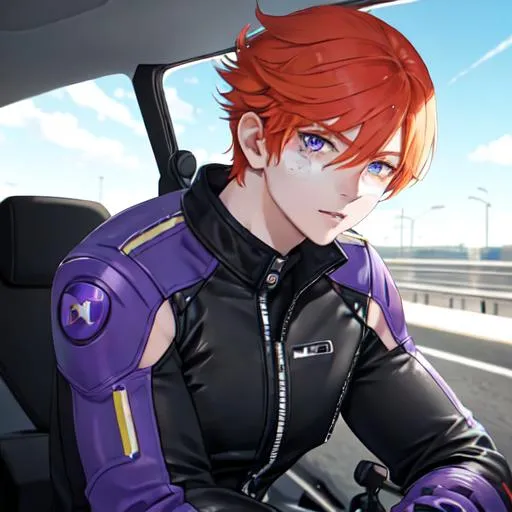 Prompt: Erikku male (short ginger hair, freckles, right eye blue left eye purple) muscular, riding a motorcycle. UHD, 8K, Highly detailed, wearing biker gear, driving on the freeway, close up