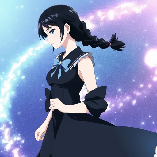 Prompt: Magical girl. Scorpio, black hair. Braid. Blue sleek dress