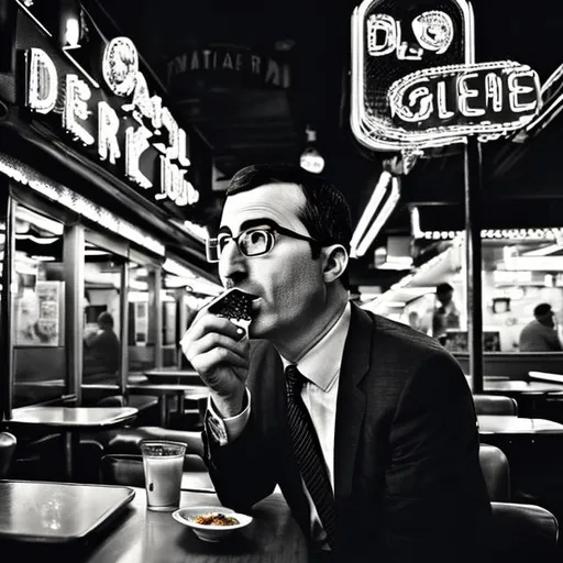 Prompt: John Oliver eating at a diner at night, big city, noir