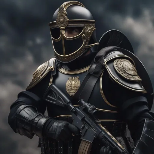 Prompt: A modern roman military male in black military armor galea helmet of roman armor, with a gunfire and gas mask background London in war, Hyperrealistic, sharp focus, Professional, UHD, HDR, 8K, Render, electronic, dramatic, vivid, pressure, stress, nervous vibe, loud, tension, traumatic, dark, cataclysmic, violent, fighting, Epic