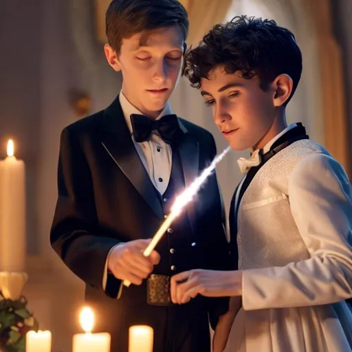 Prompt: 13 year old boy in a tuxedo cast a magic spell on a girl with his magic wand  to make her love him.