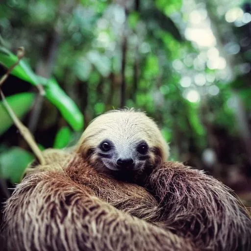 Prompt: POV polaroid photo, of a baby sloth, cinematic lighting, in the jungle, 24mm Canon