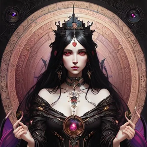 Prompt: Gorgeous black hair, Queen goddess Vampire” intricate, magic_hour, magnificent, masterpiece portrait by tom bagshaw, by minjae lee, by android jones, by WLOP, mucha, Waterhouse, by eve ventrue, by anna dittmann, by Alessio Albi, dynamic_lighting, rainbow prismatic colors