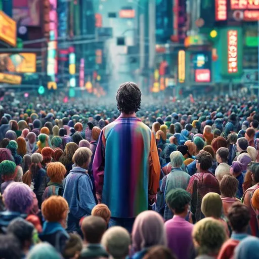 Prompt: A protagonist in his Colorful painted but Disturbing daily life scene, big human crowd, realistic, 4k resolution, 35mm lens, a bit dreamy, details