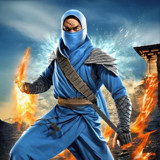 Prompt: Male hero. White ninja. Using wipe in blue sky. Merge with Desperados image.