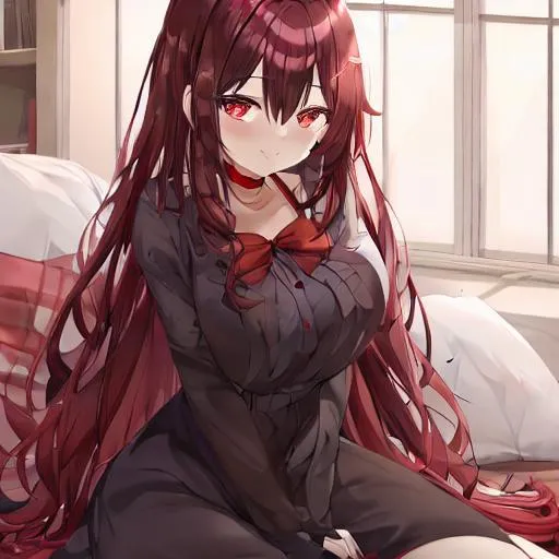 Prompt: A beautiful yandere cat girl with red eyes sitting on her knees in the middle of a living room. She has a bright and  cute smile. She also has stunning  brown and long hair. She's wearing a beautiful black dress too 