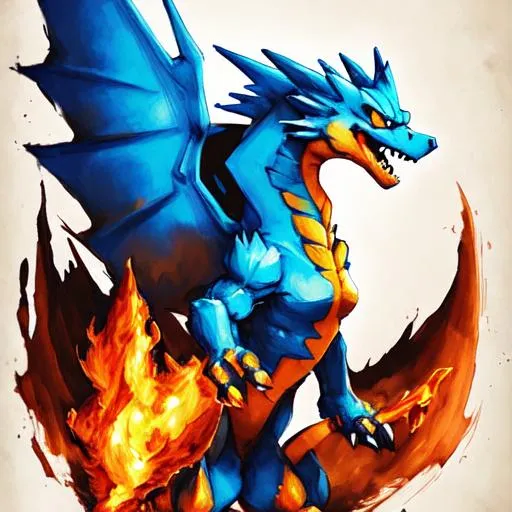Prompt: Charizard blue, Pokémon, evolved, powerful, fire tornado, burning tail, dragon, roaring, burning forest
