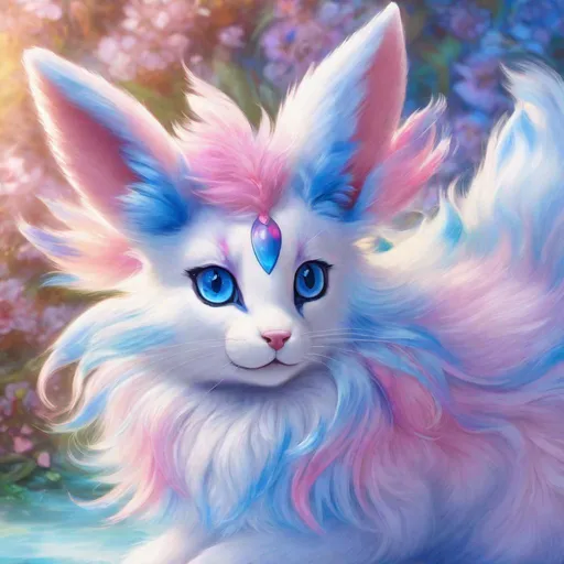 Prompt: (blue Sylveon), realistic, photograph, fantasy, epic watercolor painting, (hyper real), furry, (hyper detailed), extremely beautiful, (on back), playful, UHD, studio lighting, best quality, professional, ray tracing, 8k eyes, 8k, highly detailed, highly detailed fur, hyper realistic thick fur, canine quadruped, (high quality fur), fluffy, fuzzy, full body shot, hyper detailed eyes, perfect composition, hyper realistic depth, ray tracing, vector art, masterpiece, trending, instagram, artstation, deviantart, best art, best photograph, unreal engine, high octane, cute, adorable smile, lying on back, flipped on back, lazy, peaceful, (highly detailed background), vivid, vibrant, intricate facial detail, incredibly sharp detailed eyes, incredibly realistic scarlet fur, concept art, anne stokes, yuino chiri, character reveal, extremely detailed fur, sapphire sky, complementary colors, golden ratio, rich shading, vivid colors, high saturation colors, nintendo, pokemon, silver light beams