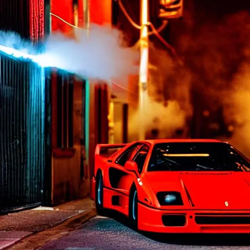 Prompt: Red Ferrari F40 prowling the streets at night with a neon backdrop, drifting with smoke behind the car