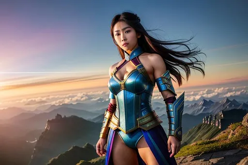 Prompt: Create a mythical east Asian battlefield on top of the world, a female Wizard perfectly symmetrical facial features, hyper clear healthy skin, super detailed dark hair, clean even makeup, ultimate toned and fit physique, ultimate hourglass body, attractive cloth and leather armor, Full body,

HDR, UHD, high res, 64k, cinematic lighting, special effects, hd octane render, professional artist, studio lighting,

by Artstation illustrators, by DevianArt illustrators, intricate details, face,  full body portrait, headshot, illustration, UHD, 4K