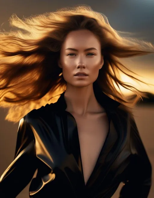 Prompt: A strikingly beautiful young model poses in the golden hour light wearing stylish black clothing, turning to look intensely into the camera. Wind blows her hair back for natural movement. Allure, fierce confidence, high fashion editorial. 