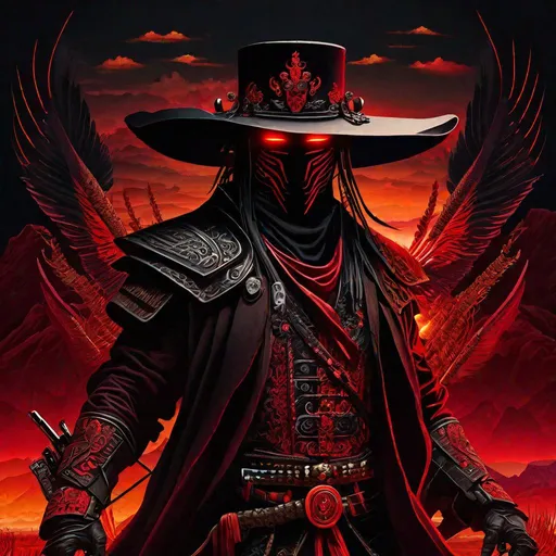 Prompt: "Cyber samurai with 4 Arms, fiery red kimono, Dressed in black duster and Stetson Cowboy Hat, with Red eyes, Haunting Presence, Intricately Detailed, Hyperdetailed, Desert Wild West Landscape, Dusty Midnight Lighting, Wild West Feel,