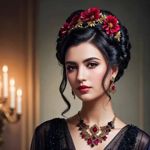 Prompt: Beautiful woman portrait wearing a black evening gown,  black hair, dark eyes, ruby jewelry,elaborate updo hairstyle adorned with flowers, facial closeup