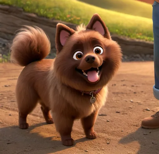 Prompt: a disney pixar movie poster with a medium size, all dark chocolate brown, male japanese spitz with brown eyes, pointy upright ears, majestic brown chest mane and a brown tail carried on his back, with large smile, should be digital art style of disney, with a focus on character expressions, vibrant colors, and detailed textures that are characteristic

