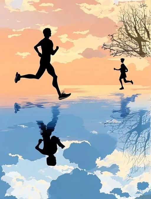 Prompt: runners at sunset with a refection in water, tree, cloud, vector art