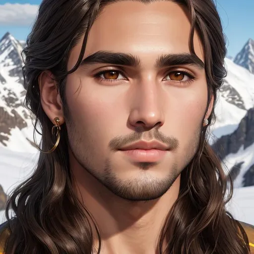 Prompt: man, brown middle part hair, medium long hair, brown eyes, thick black eyebrows, juicy lips, beautiful nose, oval face, golden earring left side ear, mountain background, detailed face portrait, realism, 4k, HD