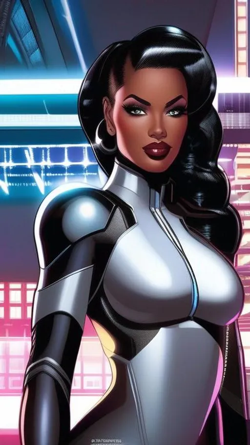 Prompt: Hope Alguin--dark-skinned curvaceous cyborg beauty--uses a quantum computer to scan the Omniverse for any trace of her lost android muse-brother, Philo Layne. art by Juan Gimenez and Adi Granov