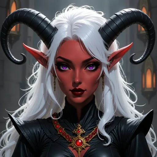 Prompt:  @p2CZMES7VK5y7B1QsEFp white hair, large crown, lots of jewelry, horns curved down, black clothes, castle