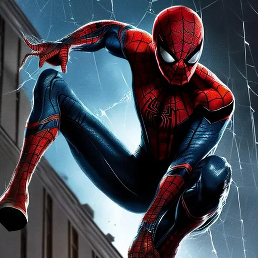 Prompt: spider-man is sitting. looks down. rain. thunderstorm. high. black suit.