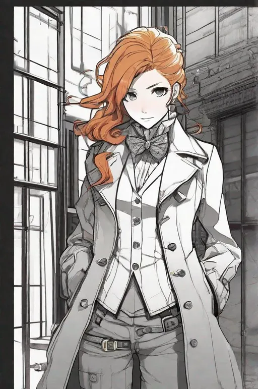 Prompt: Line drawing, concept art, anime, trench coat, ginger, flame hair, steampunk, victorian, sci-fi, very detailed character, backlight, backlit