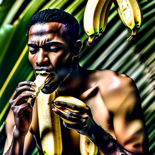 Prompt: An elegant man eats a banana under a palm