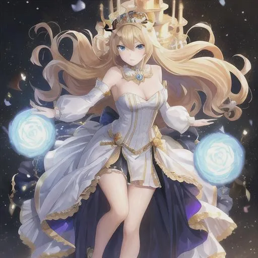 Prompt: young woman, queen, crown, slender, blond hair, cat ears, blue eyes, angry, full body