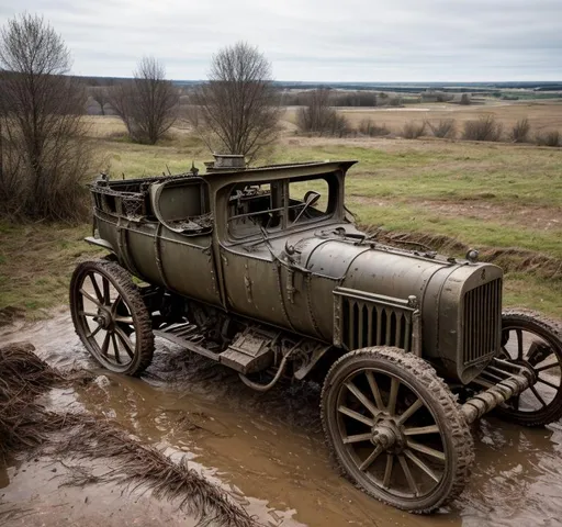 Prompt: A battered steampunk war carriage on the battlefields of ww1. barbed wire, trenches, dead soldiers and horses litter the muddy and destroyed terrain. Burned tree stumps smoilder in the background.