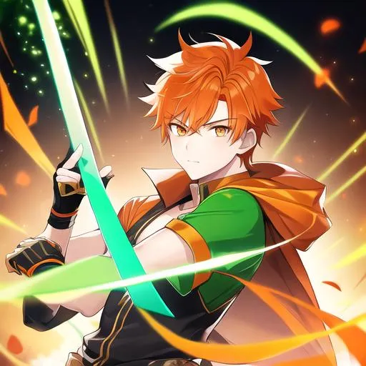 Prompt:  1boy, a man with orange hair and orange eyes holding a sword and a green shirt on his chest. Adam Manyoki, sots art, official art, a character portrait