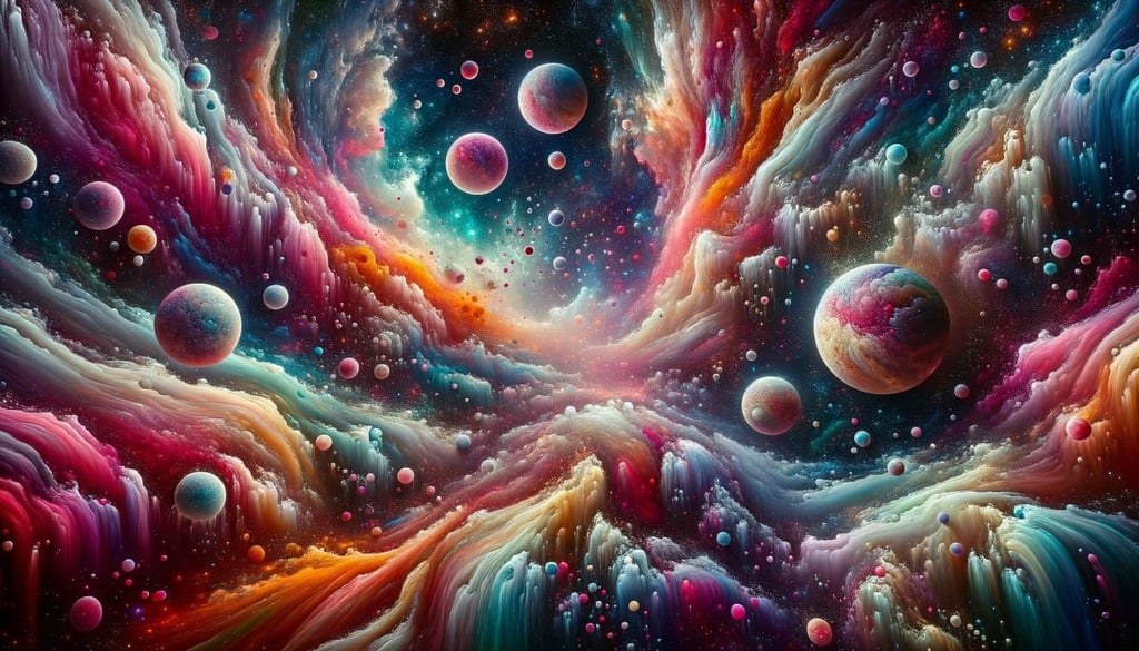 Prompt: Wide artwork of a space galaxy where planets and nebulas are composed of vibrant hues of slime mold swirling together.