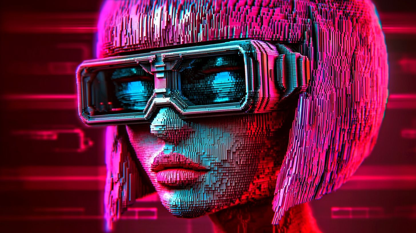 Prompt: A stylized voxel art head with a vibrant pink wig and striking blue hair, blending retrowave and security camera aesthetics. The image should feature hyper-detailed, chromepunk elements with sharp lines and reflective metallic accents, capturing a bold fusion of Indian pop culture influences. The rendering should showcase intricate textures and lighting, as if created in Cinema4D, with a retro-futuristic feel and high definition. The composition should be immersive and detailed, highlighting both the vivid colors and 3D voxel structure, creating a unique cyberpunk-meets-pop-culture look --sref https://s.mj.run/Zpf9aPdidF0