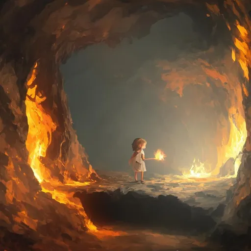 Prompt: a little girl in dark cave with a stick touch of fire