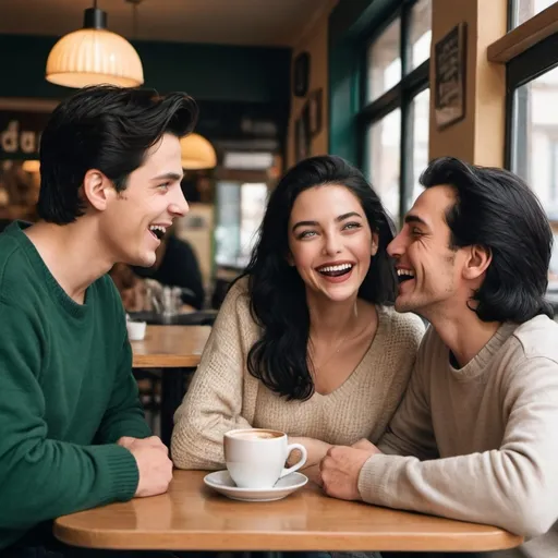 Prompt: Woman with dark green eyes, full lips, black hair, having a coffee in a cafe. She is sitting at a table with a boy and an old man. She is wearing a low-cut beige sweater. 
They are talking and she is laughing out loud. The man is in love with her.