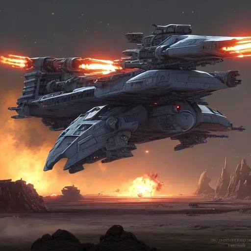 Prompt: A Firebird class heavy Dropship spaceship landing near a breach in a huge armoured ground base. 