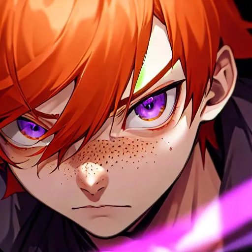 Prompt: Erikku male adult (short ginger hair, freckles, right eye blue left eye purple) UHD, 8K, Highly detailed, insane detail, best quality, high quality,