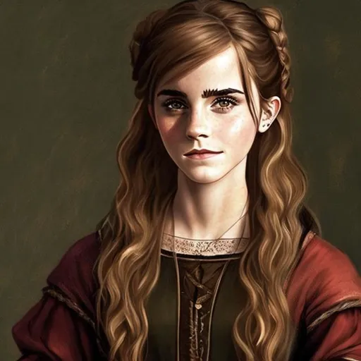 Prompt: Emma Watson Hermione Granger with bangs long hair 1520's paint