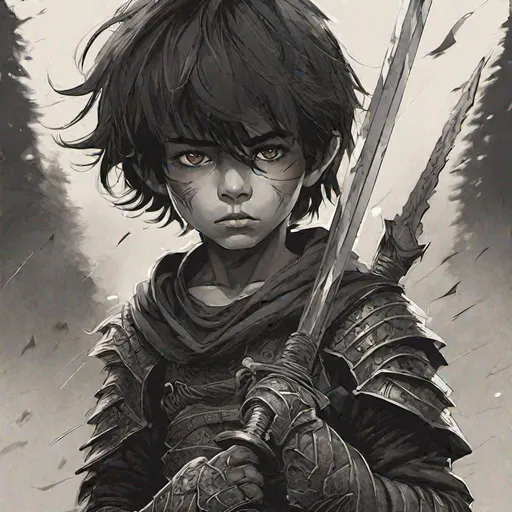 Prompt: young dark warrior 
 boy with a sword 
