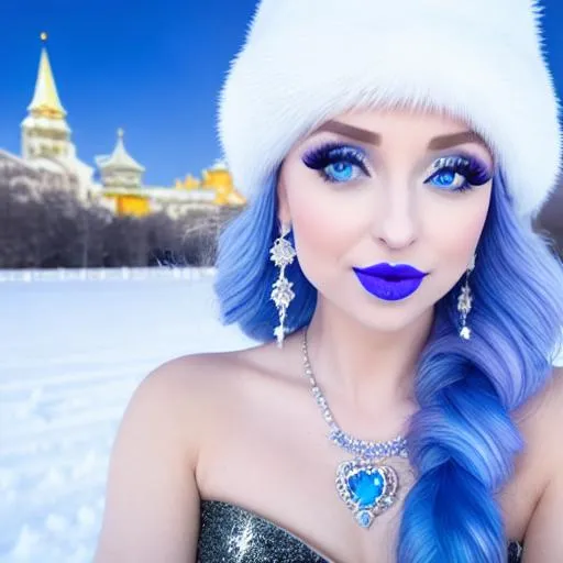 Prompt: Ice Queen Kayleigh McEnany, Elsa, eating blue ice cream in winter palace, blue lipstick, city skyline, windy and snowing, blue heart necklaces, Large frozen Ball Gown, pleasant face, blue eyes, Black-purple eyeshadow, Sugar Hat, extremely large ice earrings. Cold color scheme, ultradetailed, 8k resolution, perfect, smooth, high quality, shiny. 