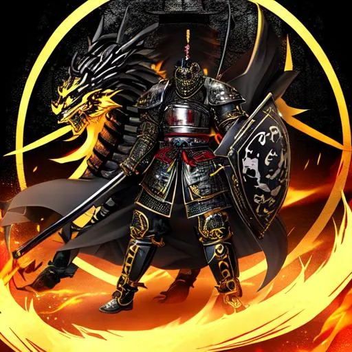 Prompt: samurai, wearing armor, black color scheme, golden dragon circling him, 