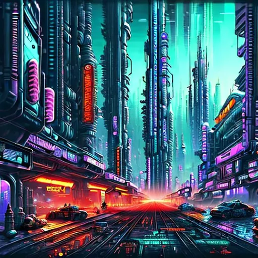 Prompt: ((best quality)), ((masterpiece)), intricately detailed, cyberpunk, futuristic city, night city, neon, train, floating cars, skyscrapers, pedestrians