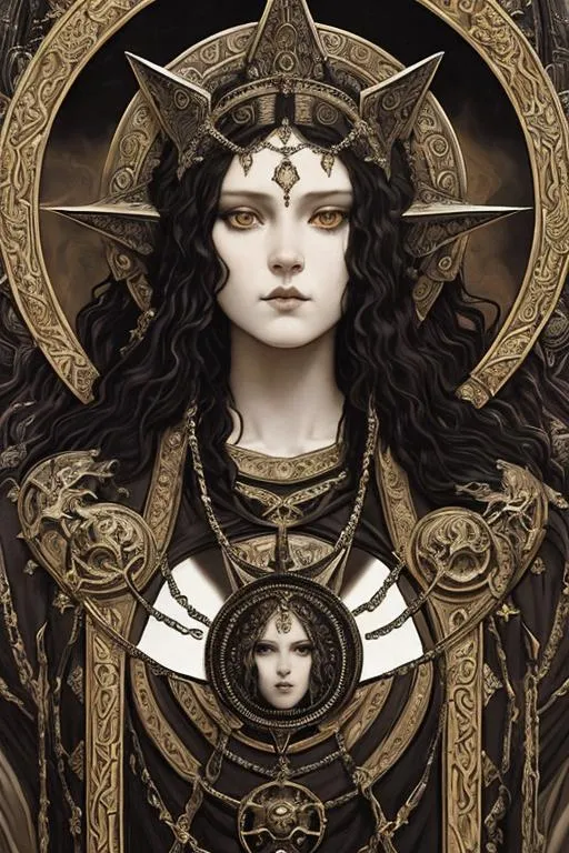 Prompt: symmetrical, by Roberto Ferri Eleanor Fortescue-Brickdale
, black metal album cover, dark theme, surreal, dark fantasy mad priest,  close-up portrait (( rihanna )), intricate death goddess dress, hecate goddess of destruction and the underworld, hindu, strong beautiful body, long wavy hair, richly decorated, graceful, detailed, airy chains ornate, ornate, high resolution, hyperdetailed,zbrush sculpting, black steel metal, 3d, octane render