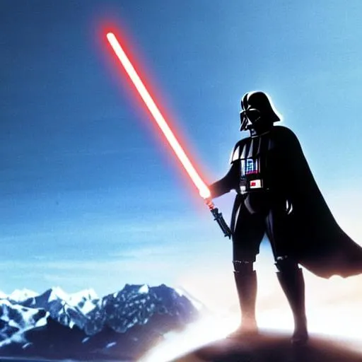 Prompt: star wars lightsaber battle between darth vader and obi-wan kenobi with mountain background
