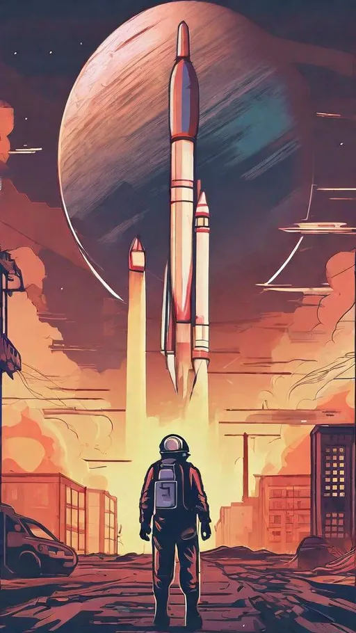Prompt: a post-apocalyptic city, vector art style, line strokes, vibrant colors, rocket launching in space in background, a man with gas mask in center of view, facing toward rocket, dusty atmosphere, low visibility, volumetric dust, cinematic shot, daytime, one dead tree in front of left side on picture. 