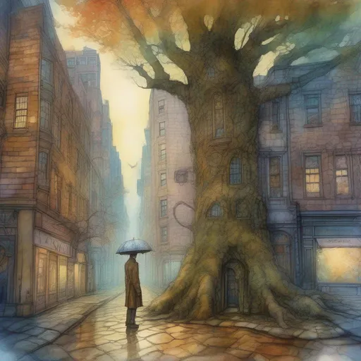Prompt: Create a Fantasy forest with a cobblestone street, steampunk, storefront, in New York City,  Egon Schiele and Zdzisław Beksiński style illustration,
 A person standing under a tree centered, watercolor, wet on wet, morning sunlight, shimmering, a futuristic steampunk city in the background, style of Daniel Merriam, and Josephine Wall, realistic image, detailed