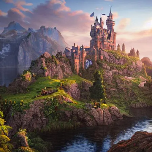 Prompt: A beautiful realistic detailed castle, soft sunrise lighting, John Howe, Andreas Rocha, unreal engine, popular on artstation, ultrawide angle, f16, polarizer filter,  8k, realistic, colorful, with a beautiful lake shining from the sun next to the mysterious castle