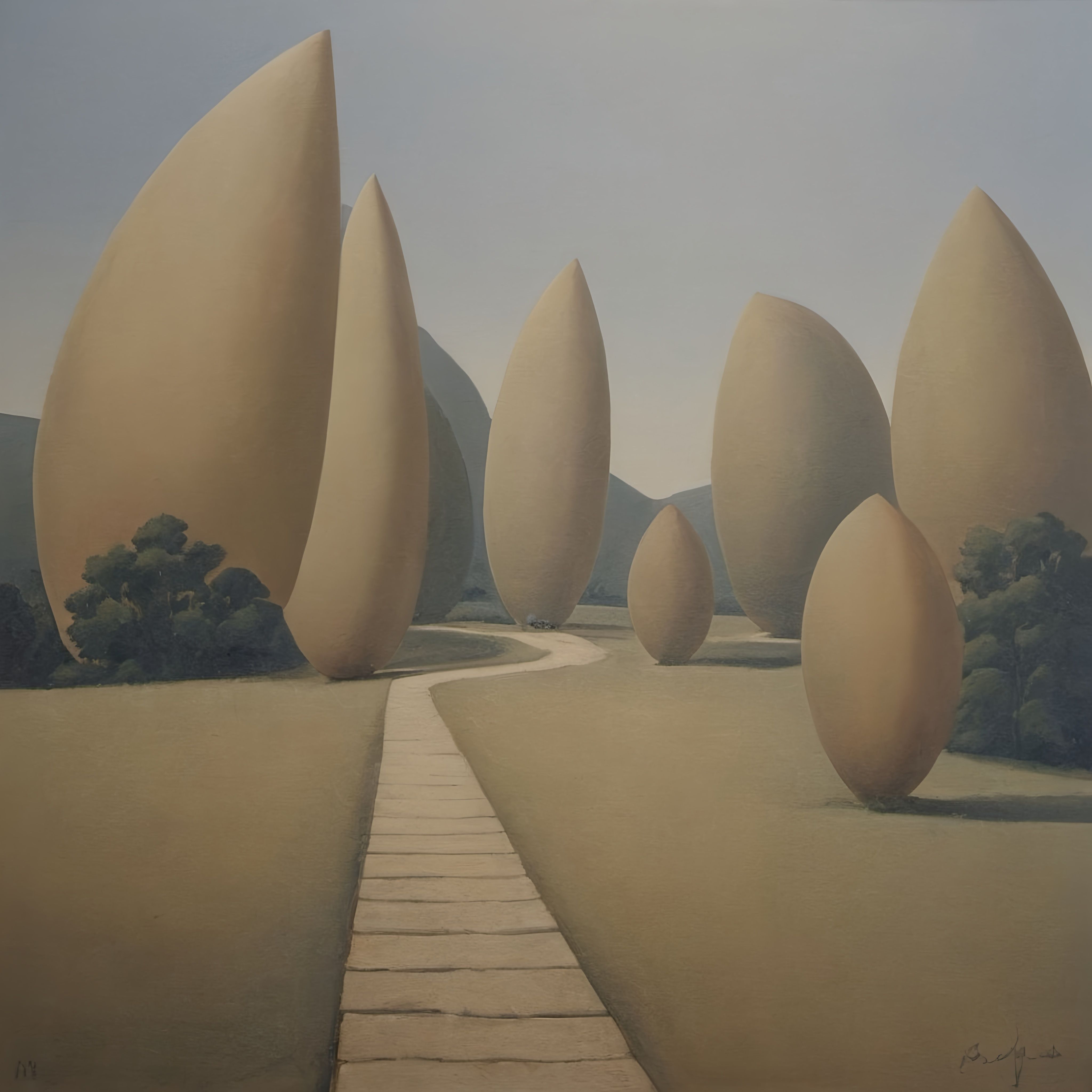 Prompt: a painting of a path leading to a group of trees, precisionism, detailed, a surrealist painting.