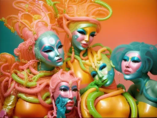 Image AI: Open Art: A hyperrealistic extremely detailed muted color photograph , three beautiful alien temptresses , sugar coated orange slices, modeled clay , melted wax, pink, green, grotesque rubber costume mask, art neuveau tropicalia, 1970s retrofuturism, divine chrome highlights, blue rhinestones, ,injection molded plastic fashion designed by syd mead, inflated snakes, dramatic cinematic lighting , in the style of syd mead