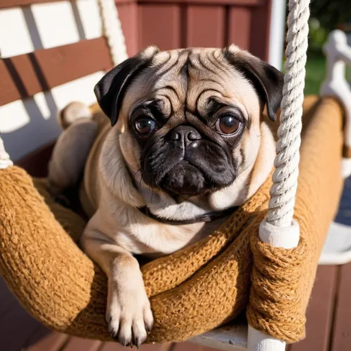 Prompt: A WARM BROWN PUG WITH HUGE GLOSSY EYES CURLED UP ON THE FRONT PORCH SWING