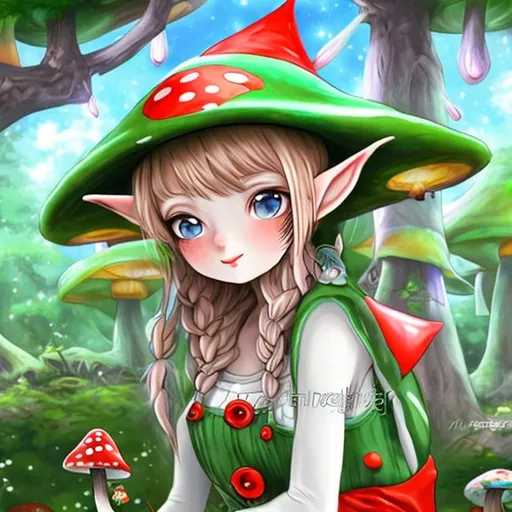 Prompt: Anime elf with frog overalls and mushroom hat sitting against a tree high detail. 