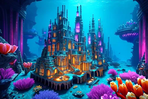 Prompt: Nostalgic Underwater City, A Piano with Tulip Keys, dynamic lighting, volumetric lighting, cool colors, deep color, filmic, hyperrealism, 4K, 64 megapixels, 8K resolution, 3D shading, beautiful, colorful, complex, fantasy, fantasycore, hyperdetailed, seascape, fantastical, firey, intricate, Surreal