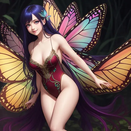 Prompt: ((naiad fairy)), young, butterfly wings, long hair, pale skin, large chest, mole under eye, fairy dress, grin, short girl, petite, thicc thighs, wide hips, huge bum, symmetrically colored hair, ((full body)) {{good looking}} {{cute}} {{good body}} {{tight}}, {{shadows}}, oblique